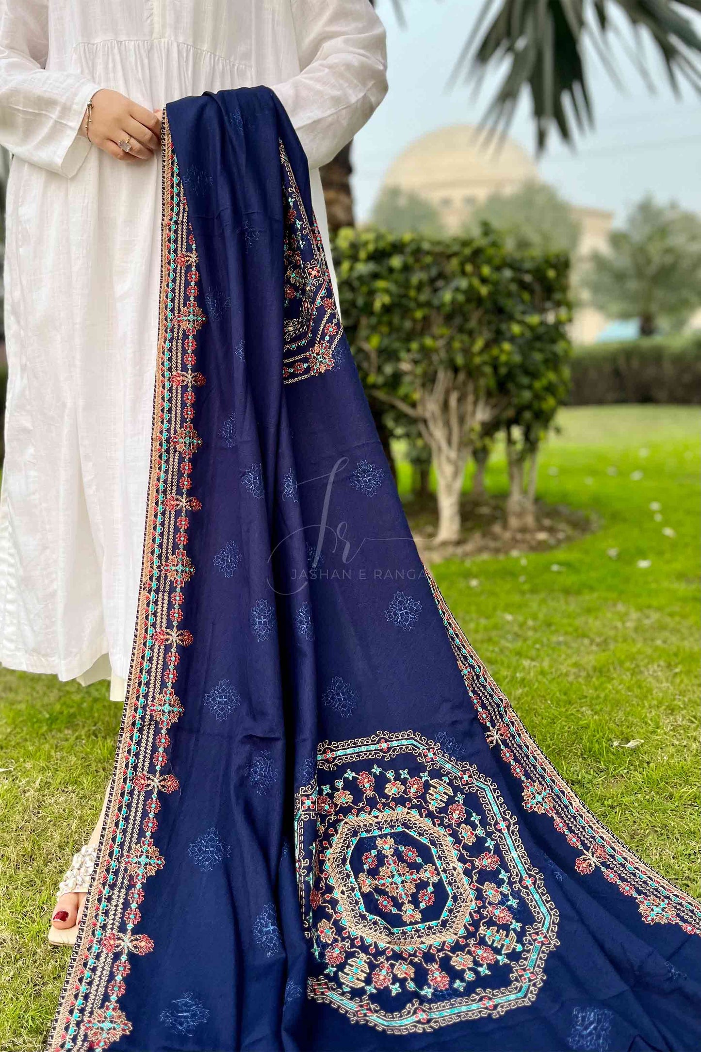 Exquisite Embroidered Blue Karandi Shawl