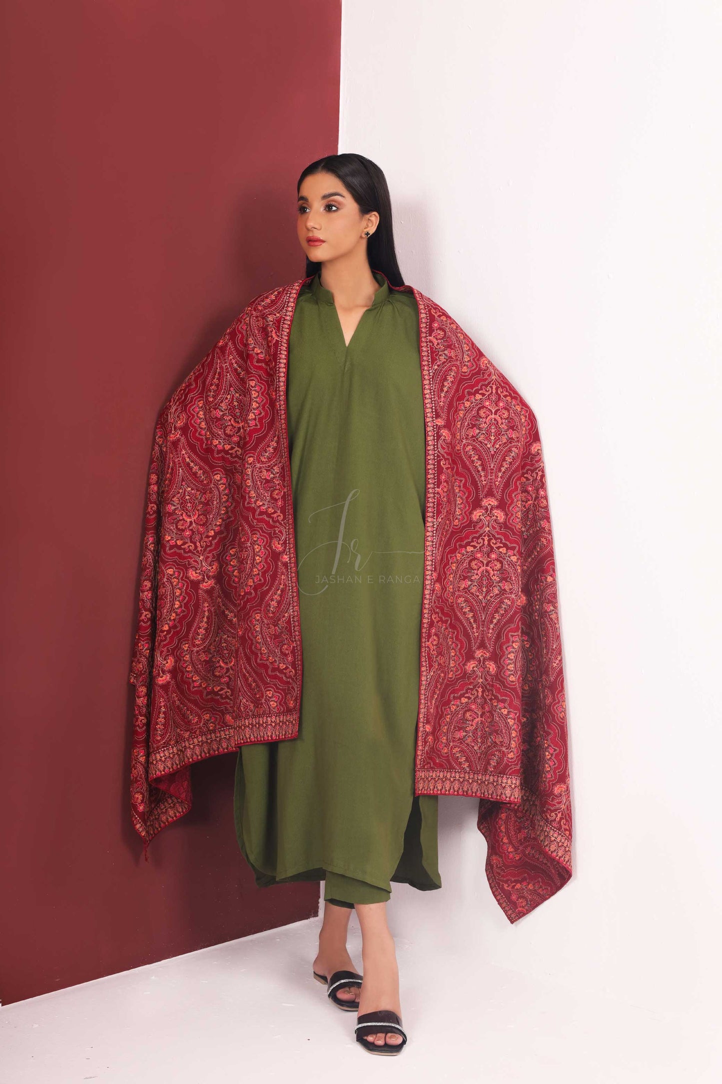 Maroon Full Embroidered Floral Karandi Shawl