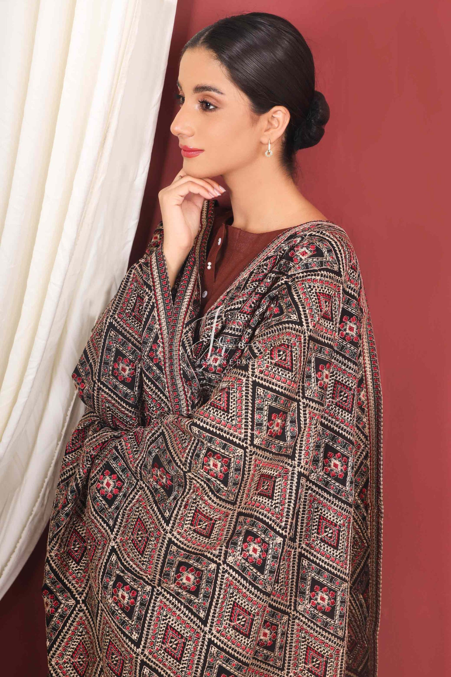 Black Full Border Embroidered Shawl