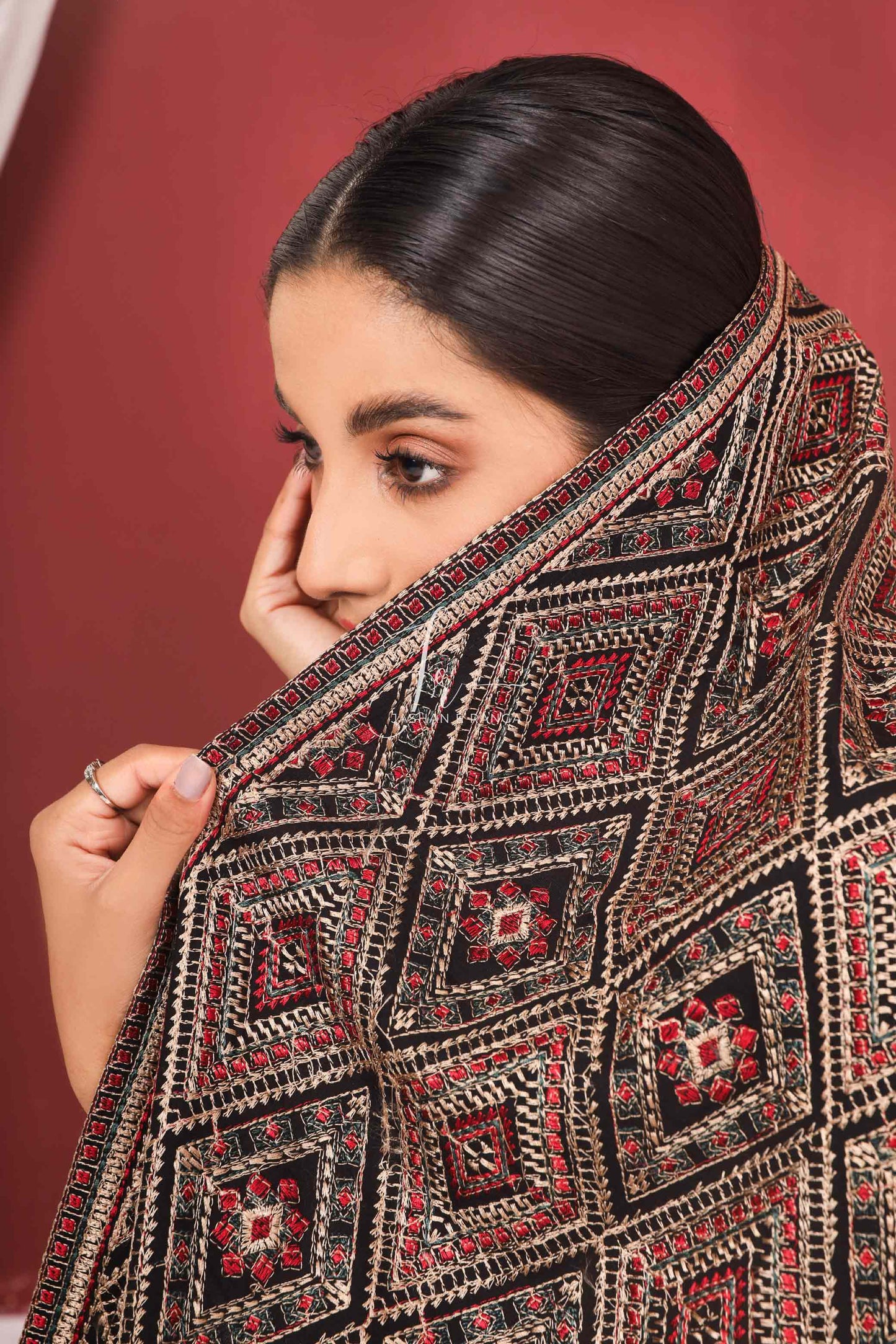 Black Full Border Embroidered Shawl