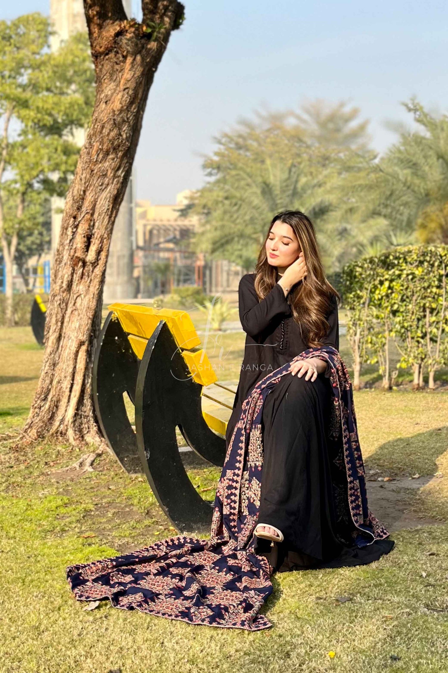 Full Black Karandi Embroidered Shawl