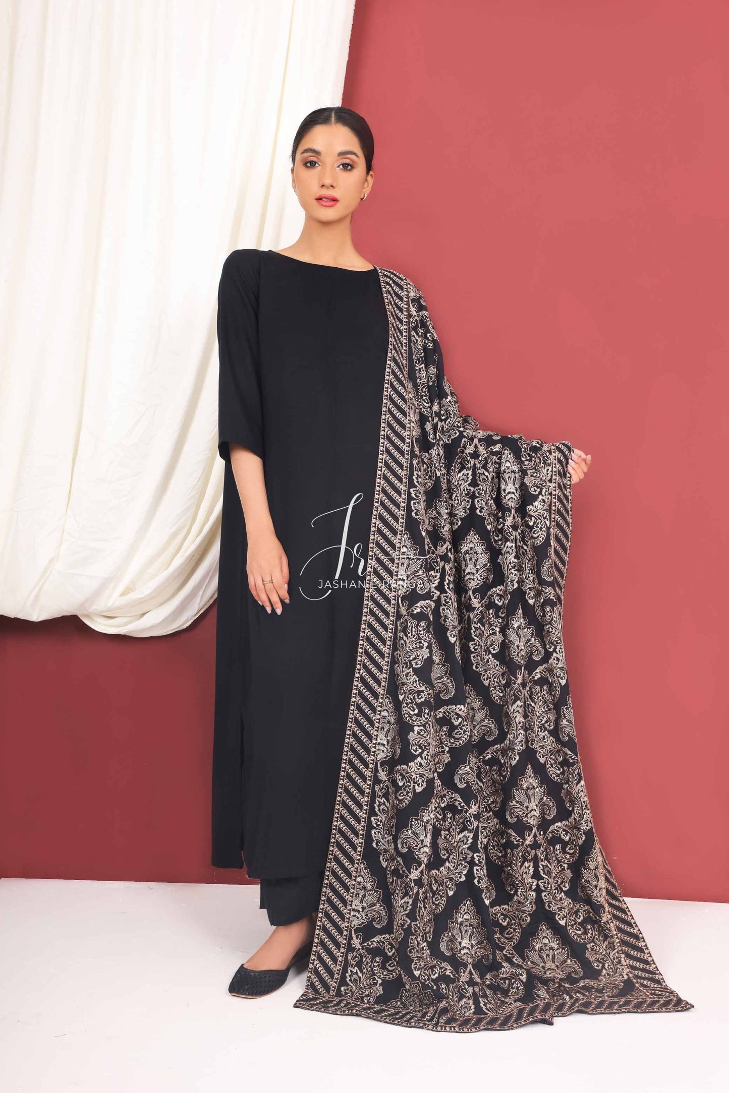 Black Full Embroidered Shawl
