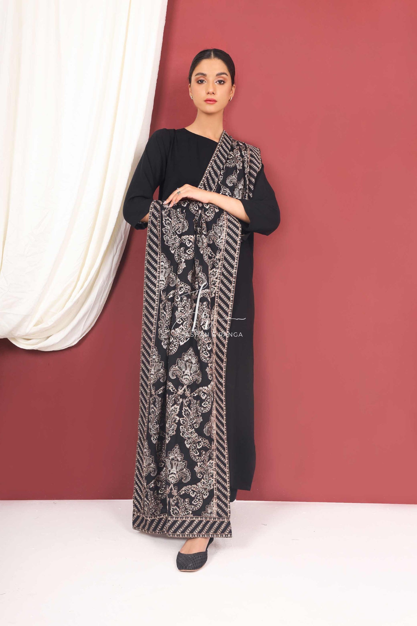 Black Full Embroidered Shawl