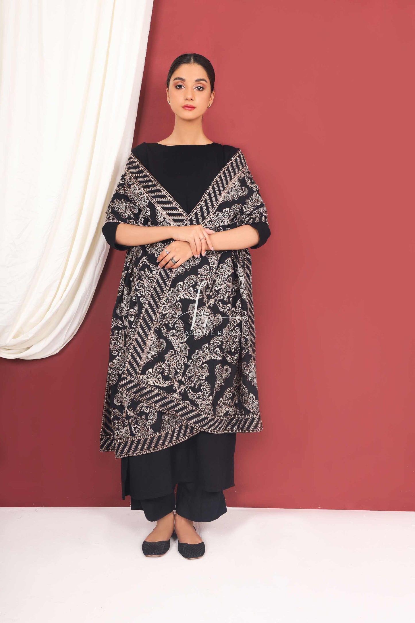 Black Full Embroidered Shawl