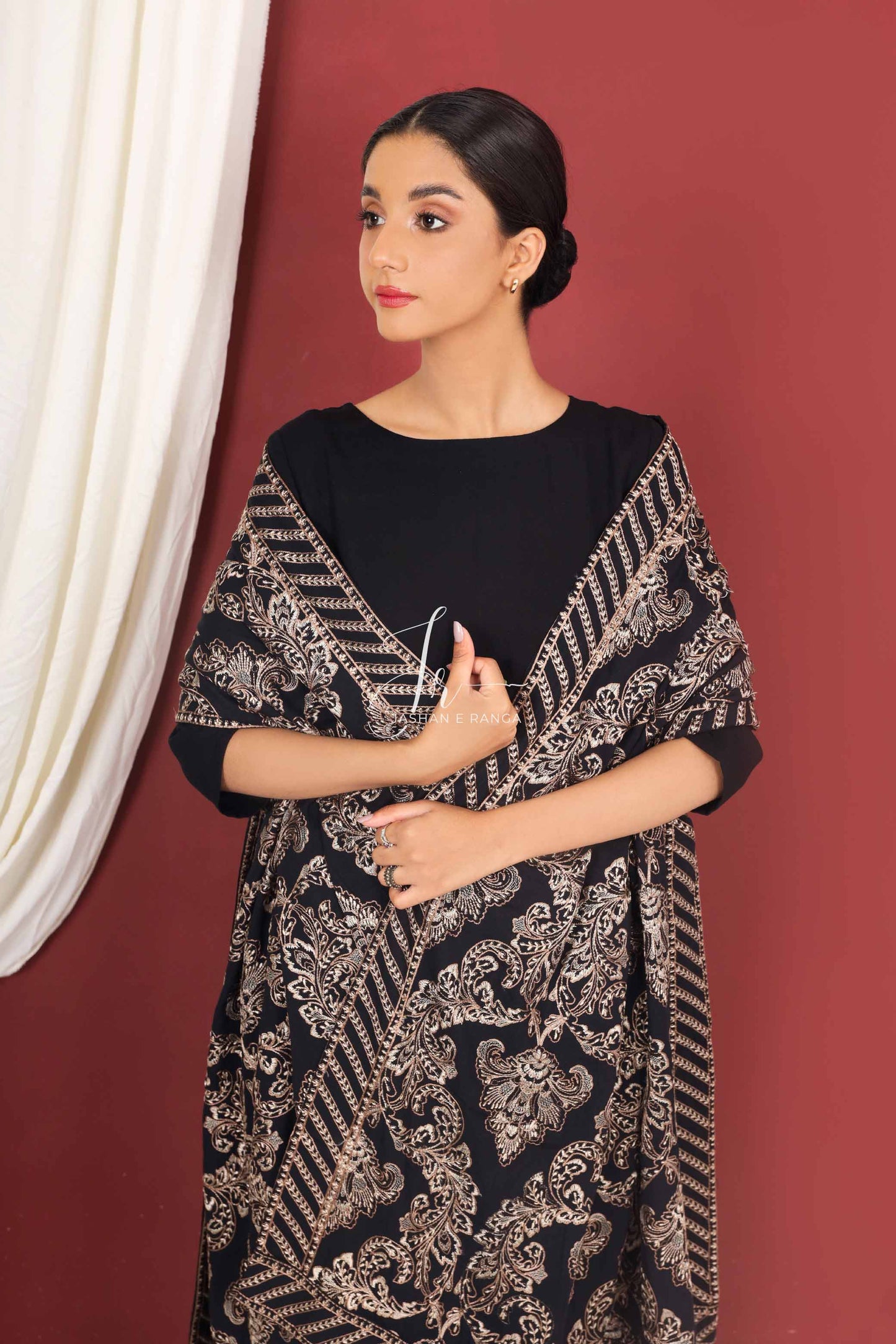 Black Full Embroidered Shawl