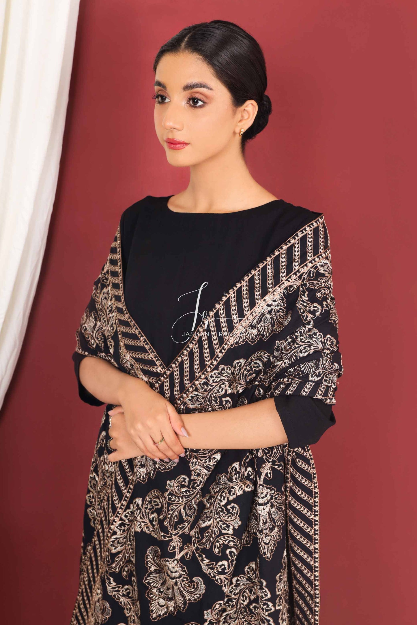 Black Full Embroidered Shawl