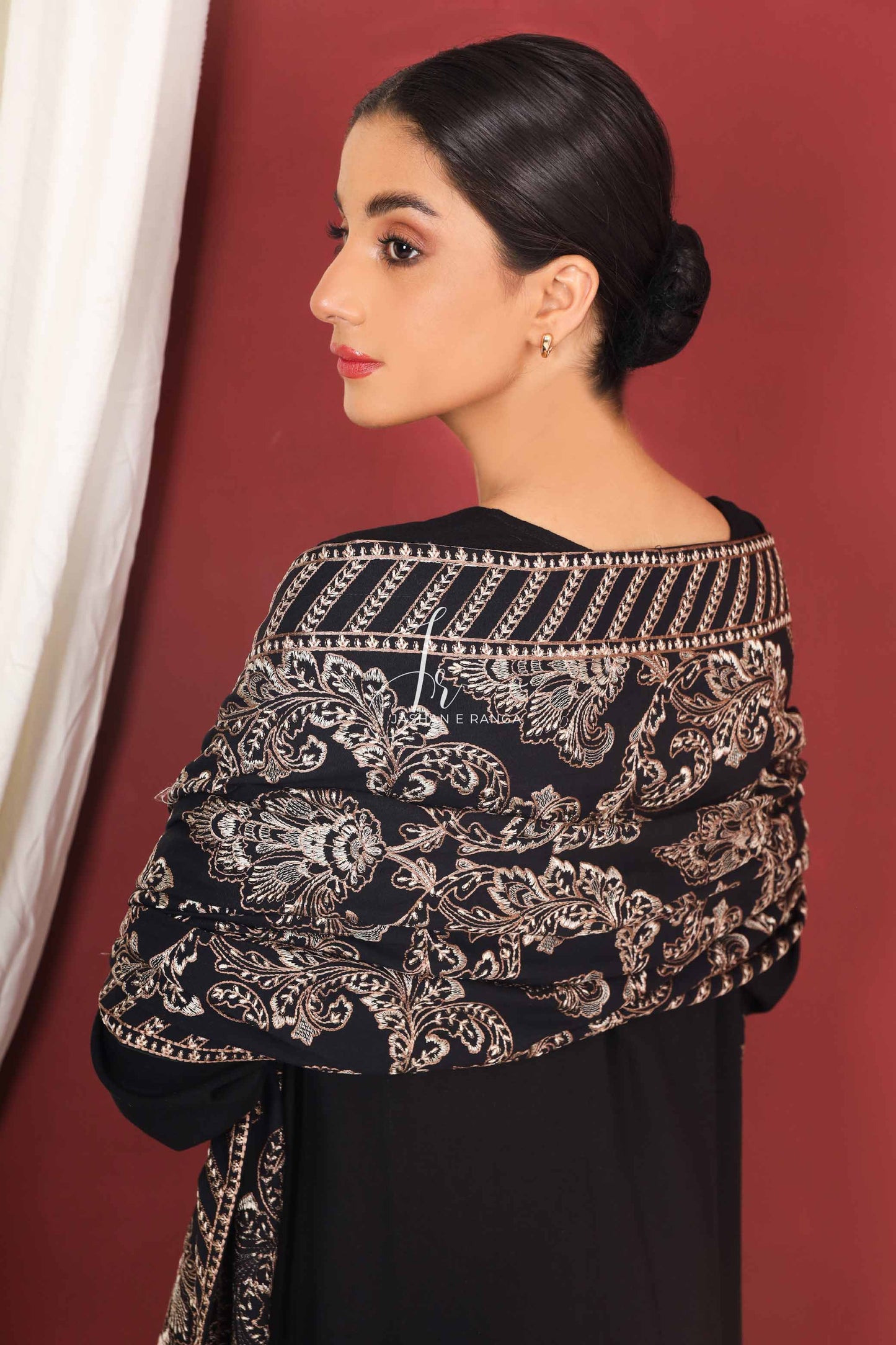 Black Full Embroidered Shawl