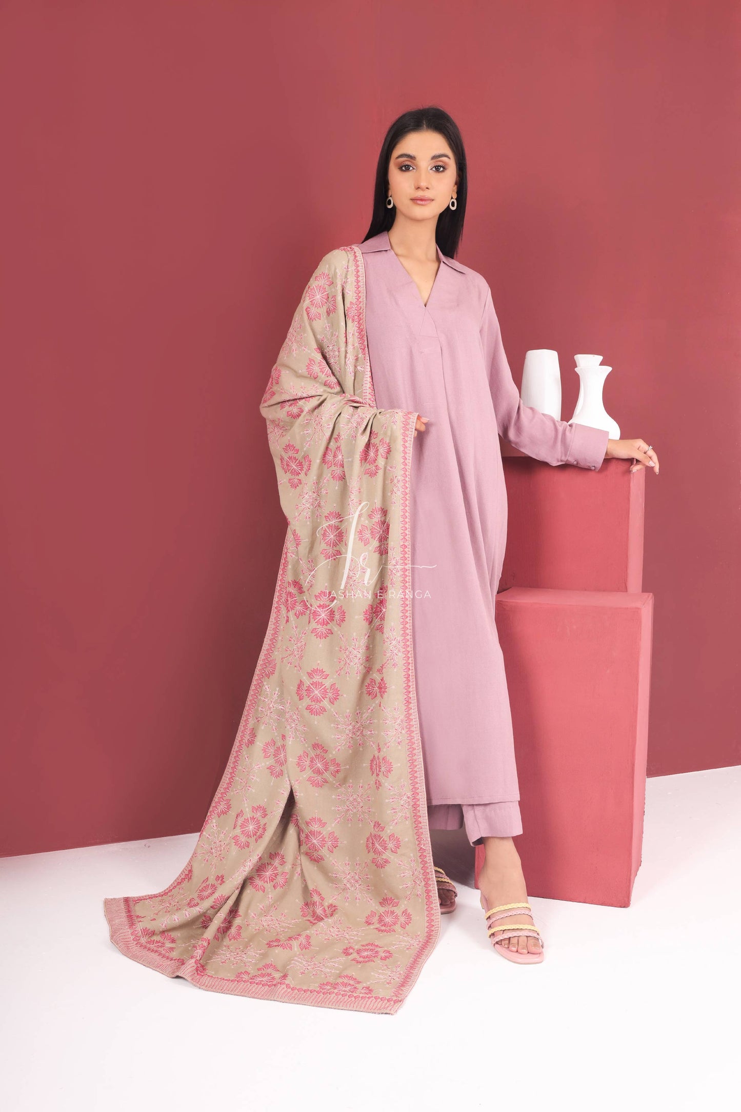 Full Embroidered Karandi Shawl Beige