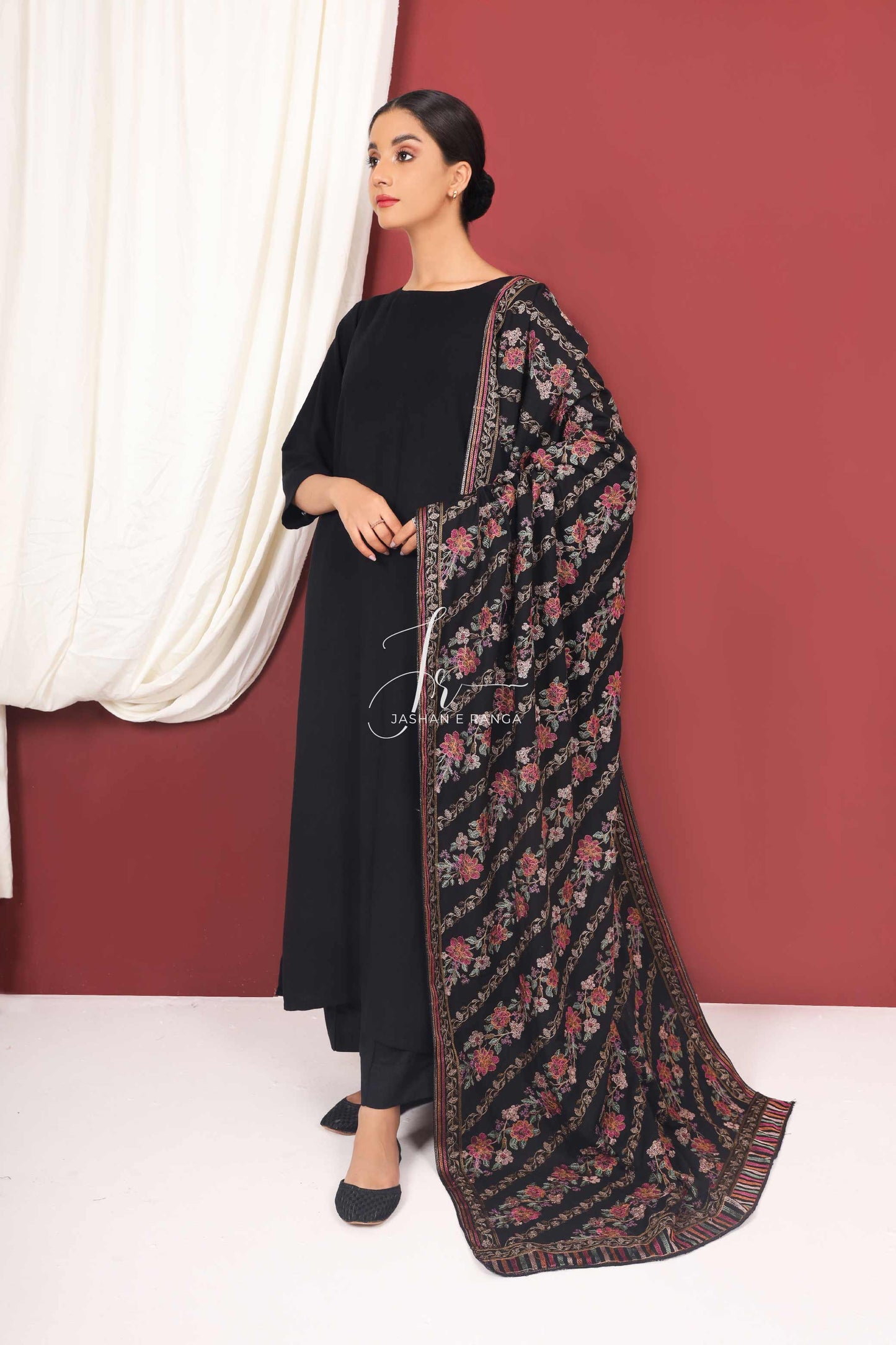Floral Full Embroidered Karandi Shawl Black