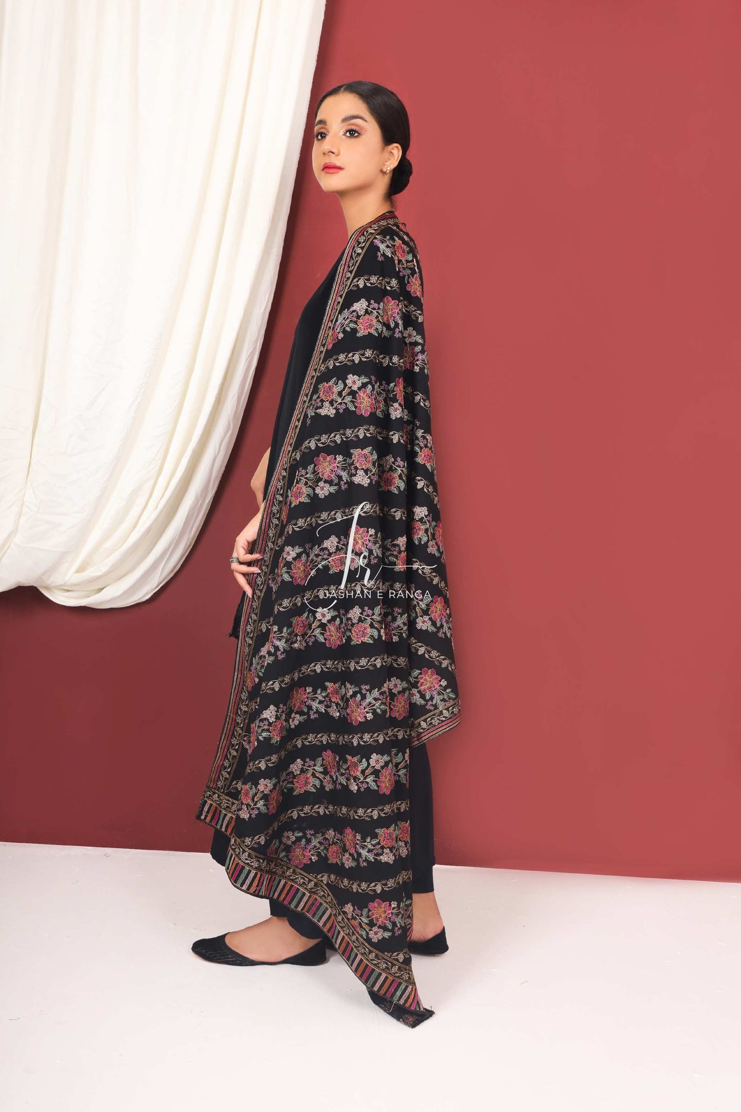 Floral Full Embroidered Karandi Shawl Black