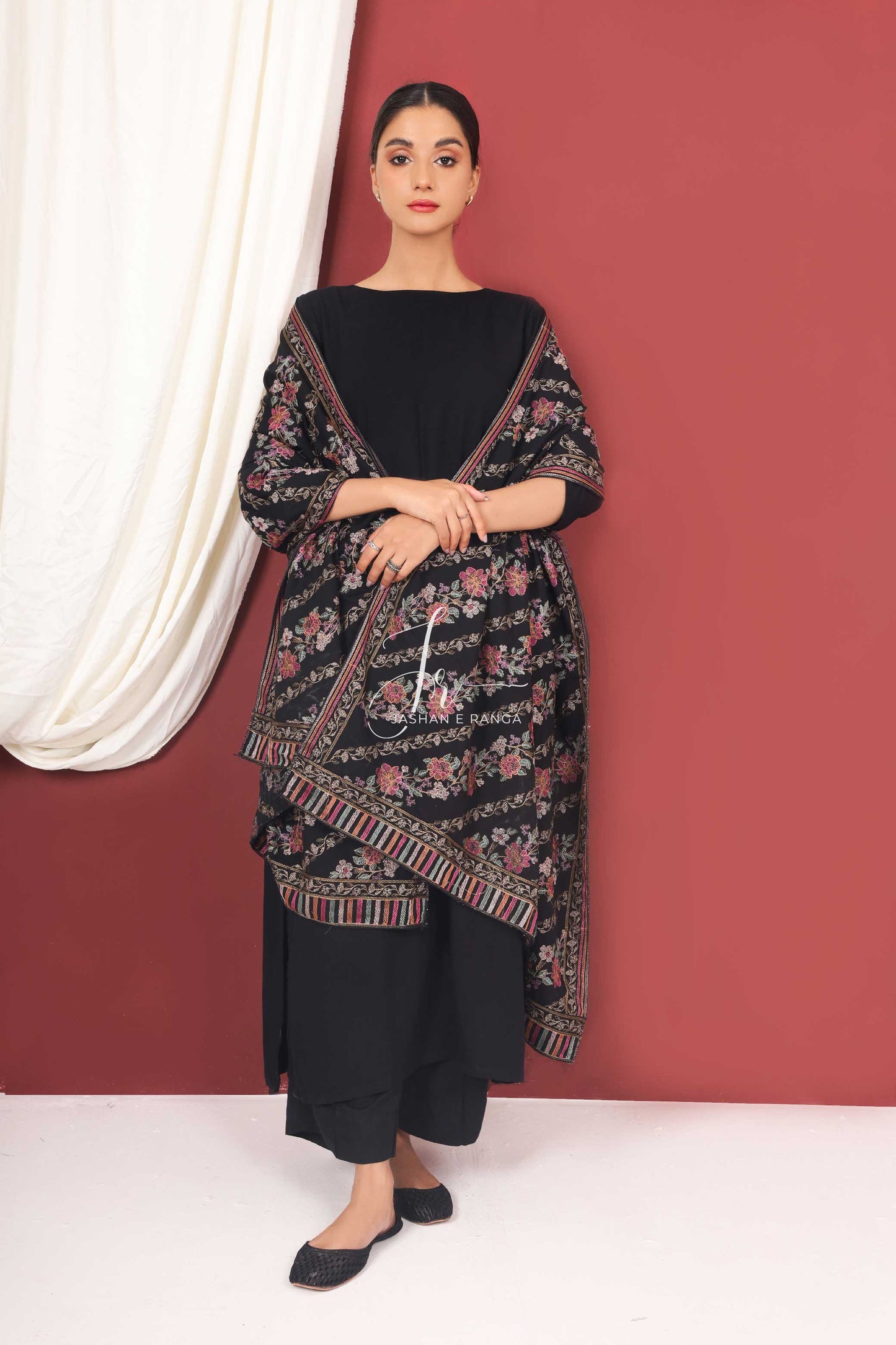Floral Full Embroidered Karandi Shawl Black