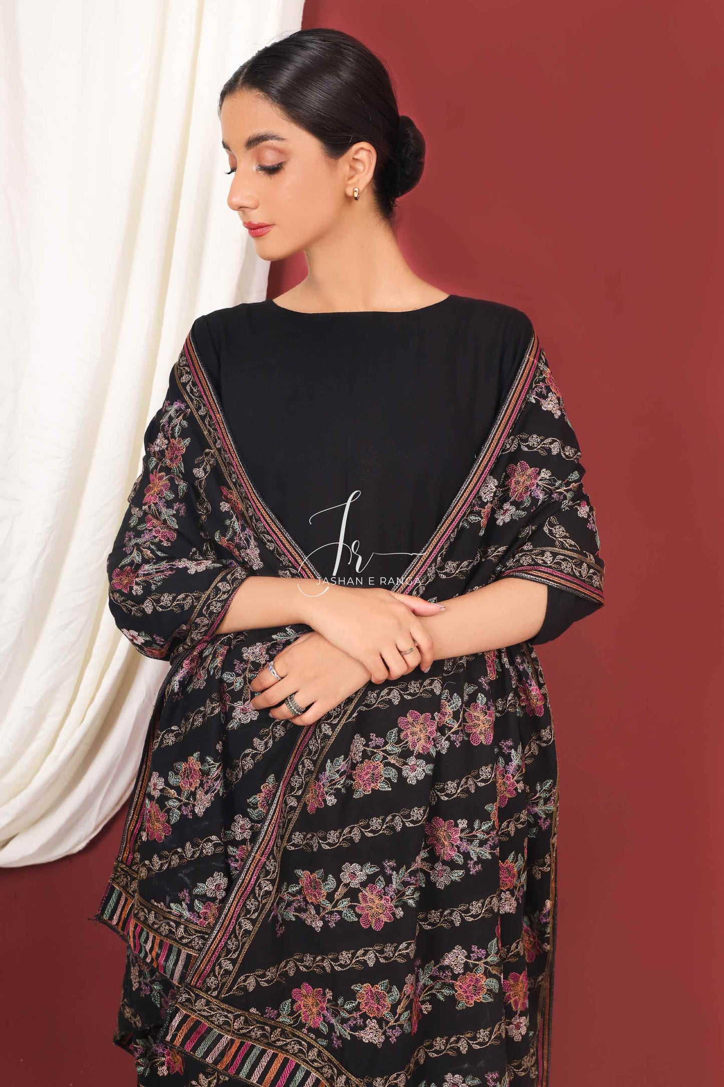 Floral Full Embroidered Karandi Shawl Black