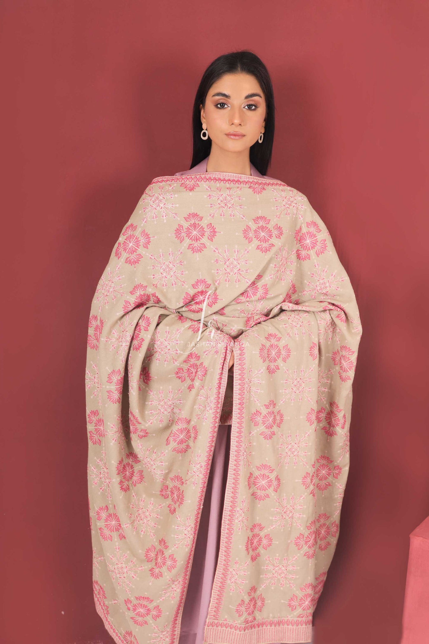 Full Embroidered Karandi Shawl Beige
