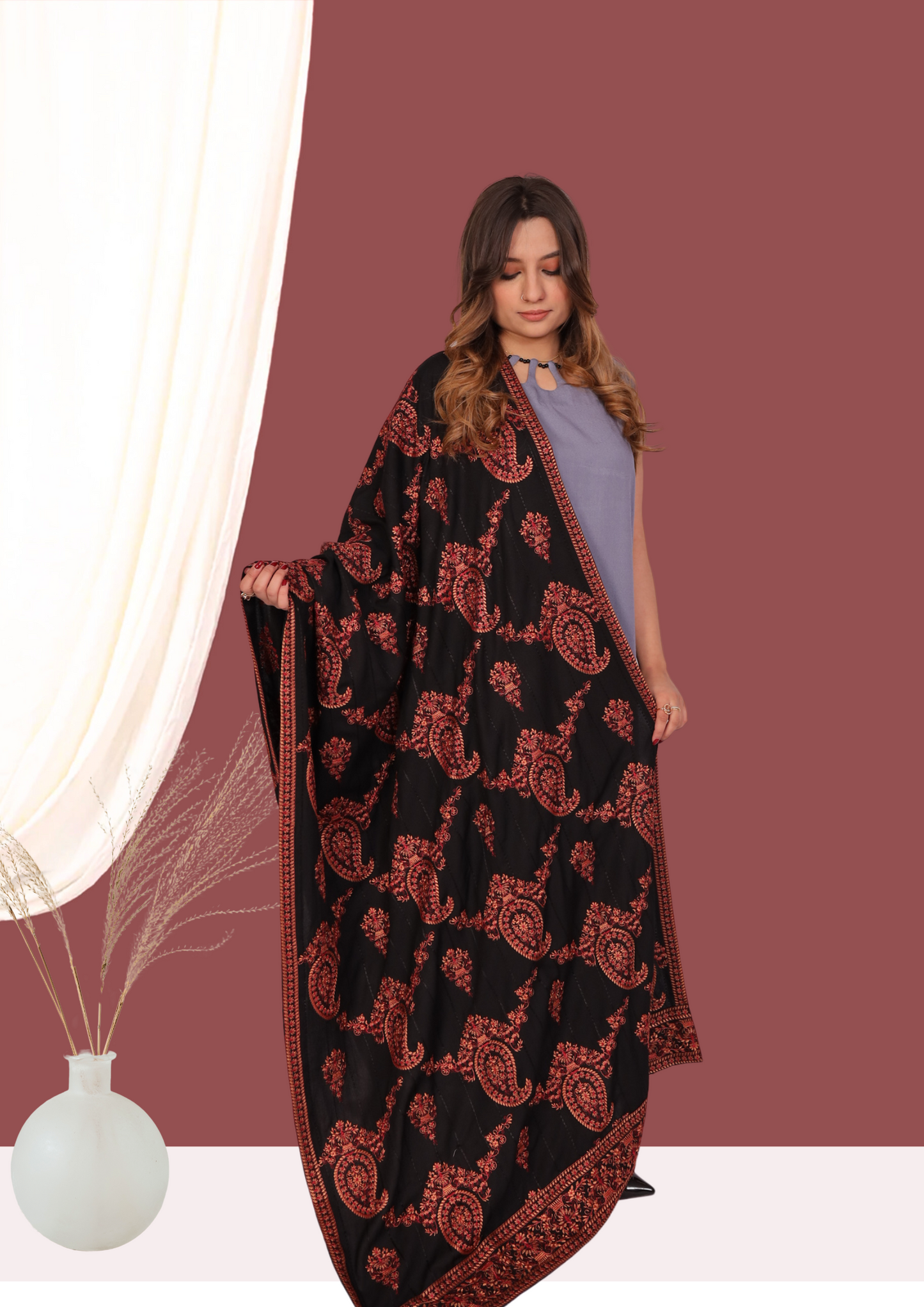 Black Full Embroidered Shawl New
