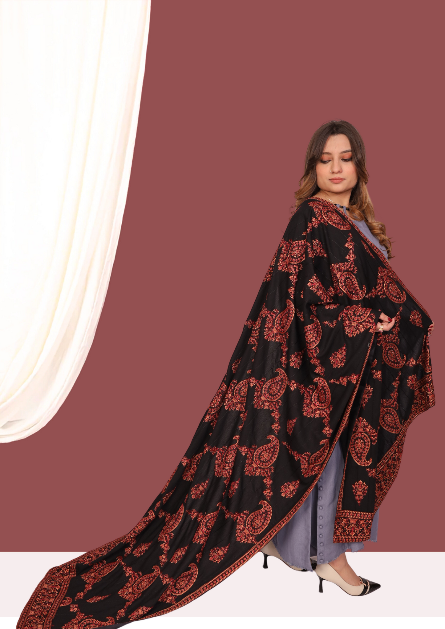 Black Full Embroidered Shawl New