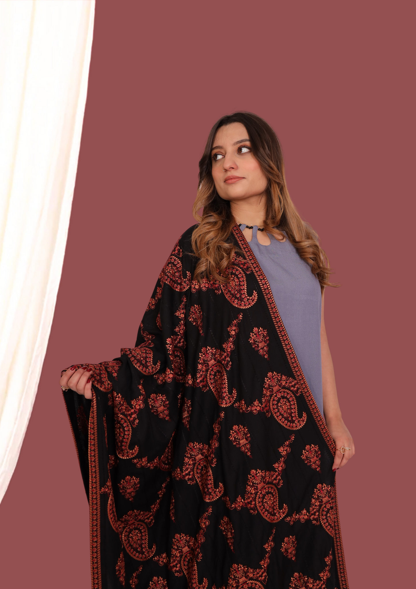 Black Full Embroidered Shawl New