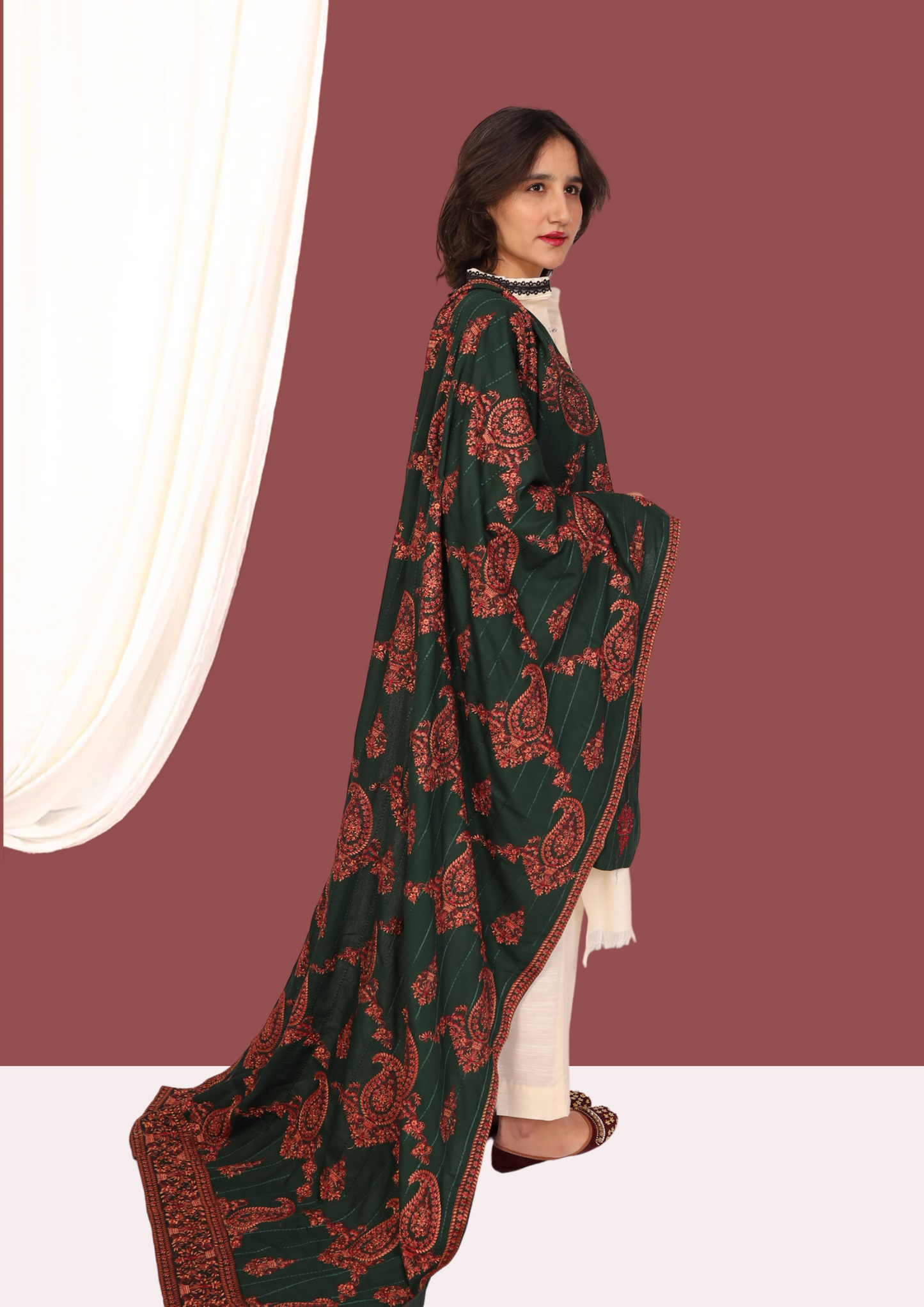 Green Full Embroidered Shawl New