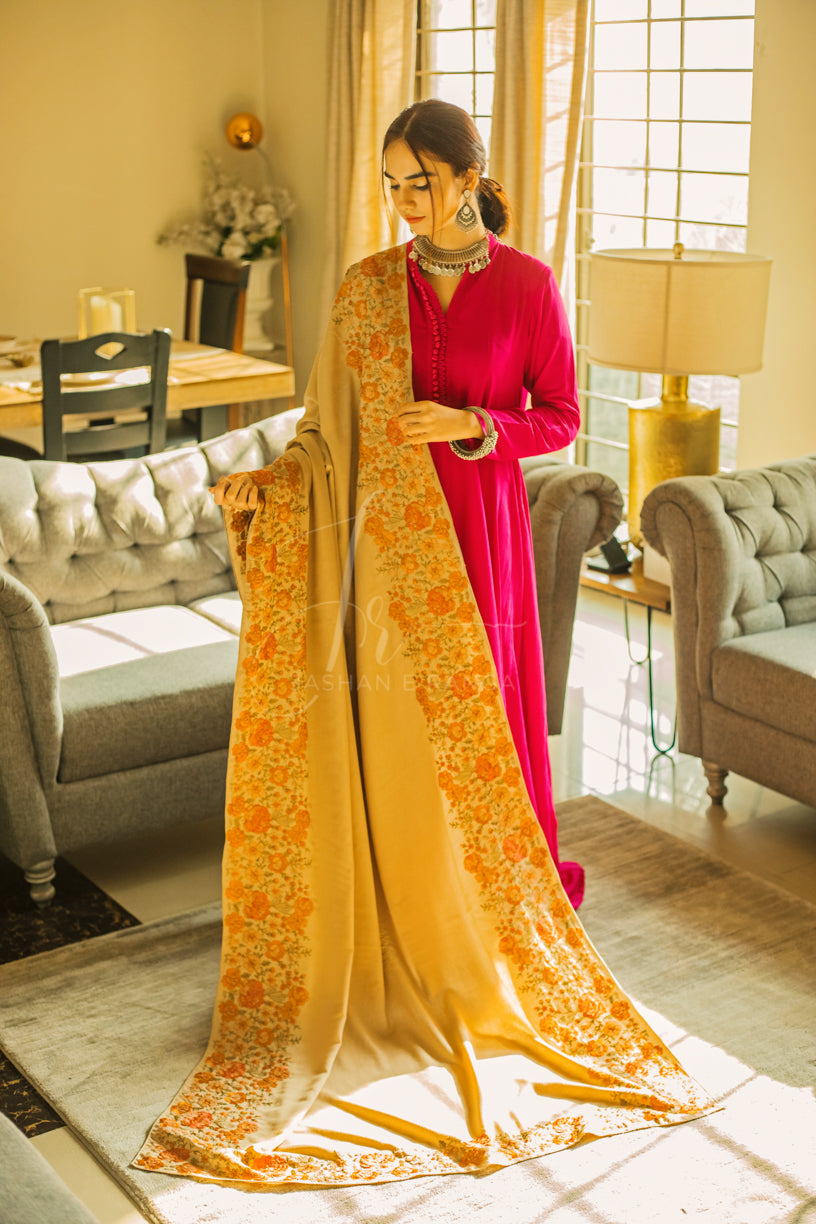 Floral Border Embroidered Shawl Beige