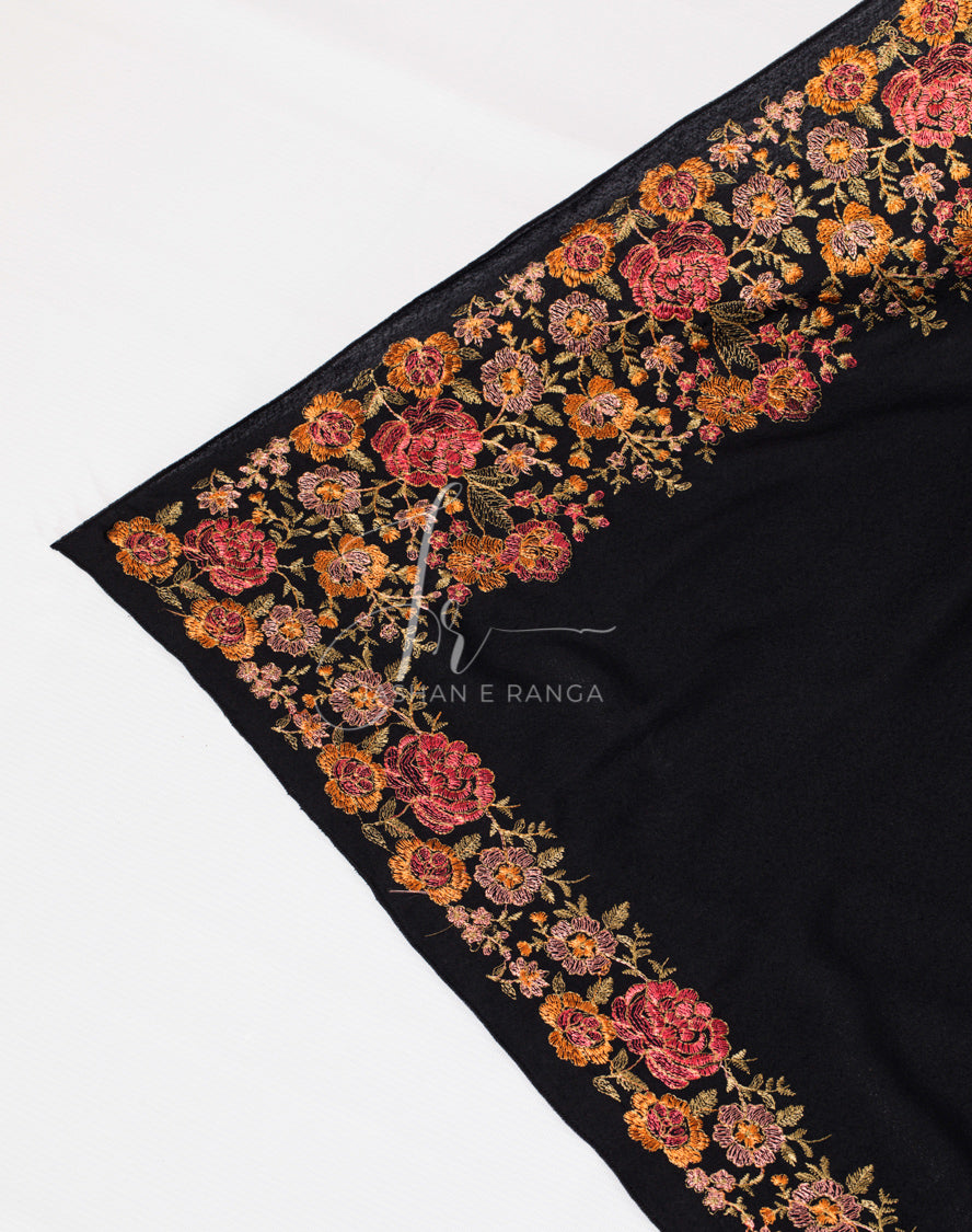 Floral Border Embroidered Shawl Black