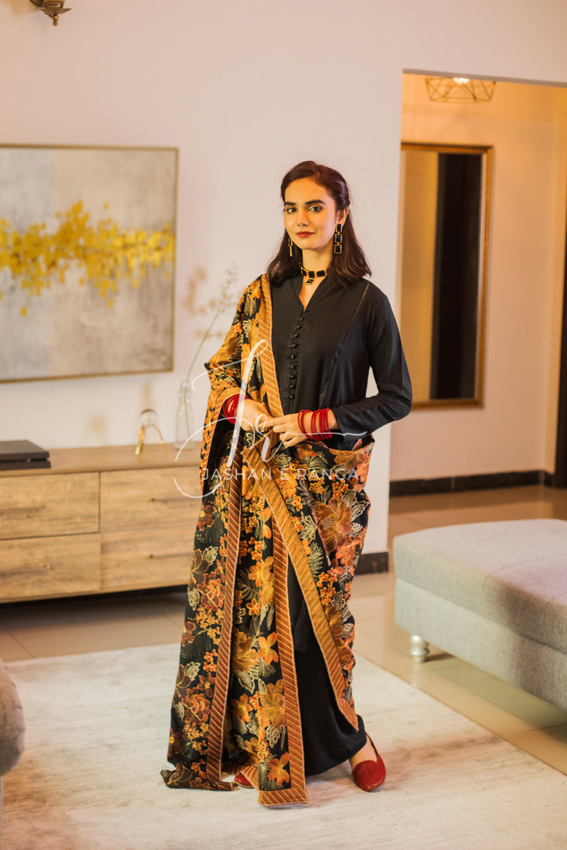 Floral Embroidered Black Shawl