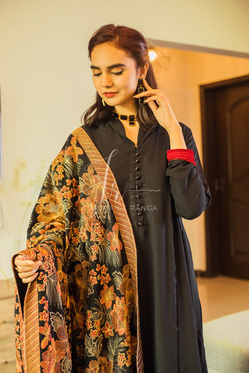 Floral Embroidered Black Shawl