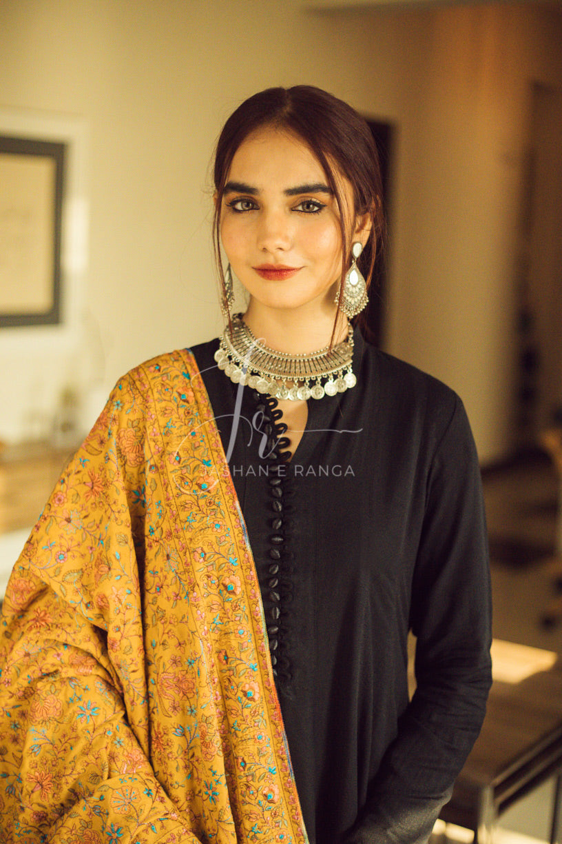 Full Embroidered Karandi Shawl Mustard