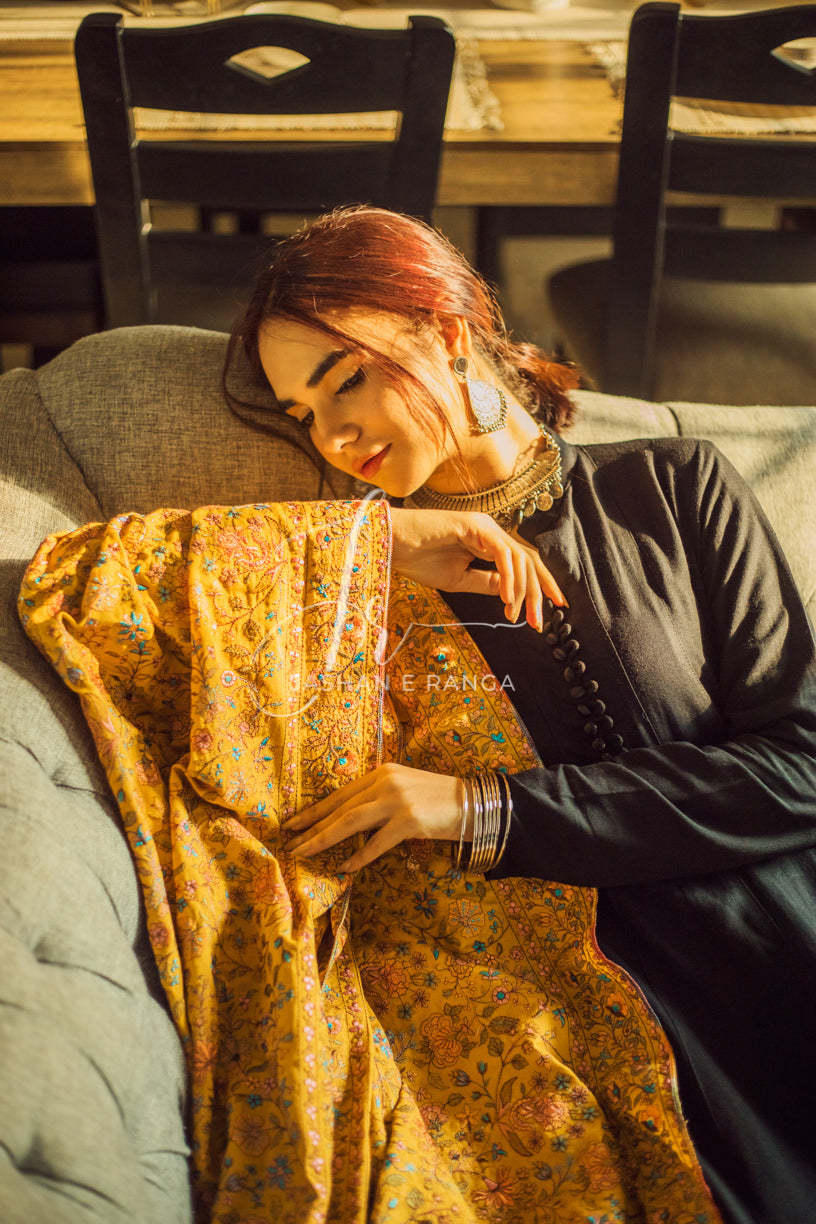 Full Embroidered Karandi Shawl Mustard