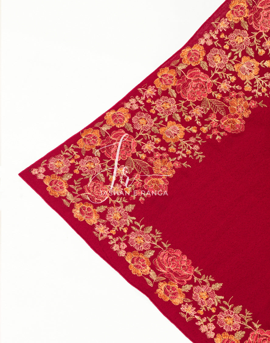 Maroon Floral Border Embroidered Karandi Shawl