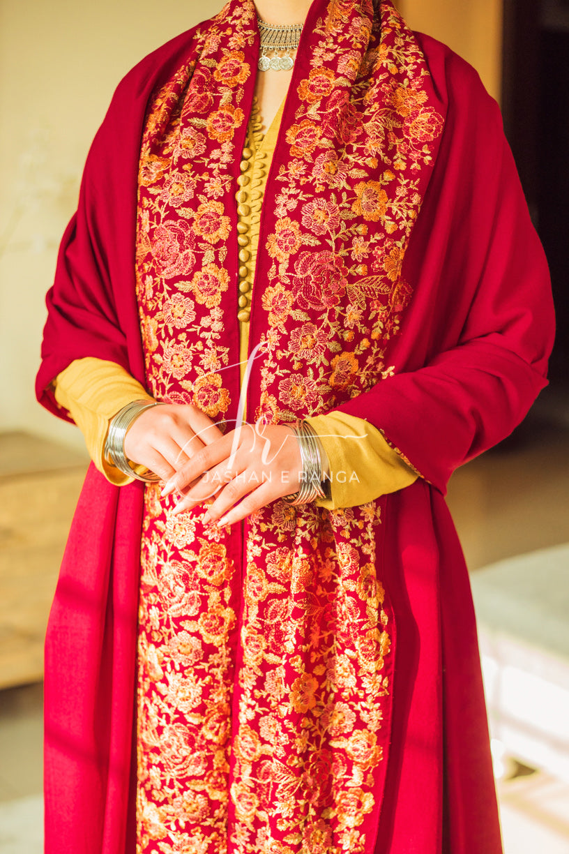 Maroon Floral Border Embroidered Karandi Shawl