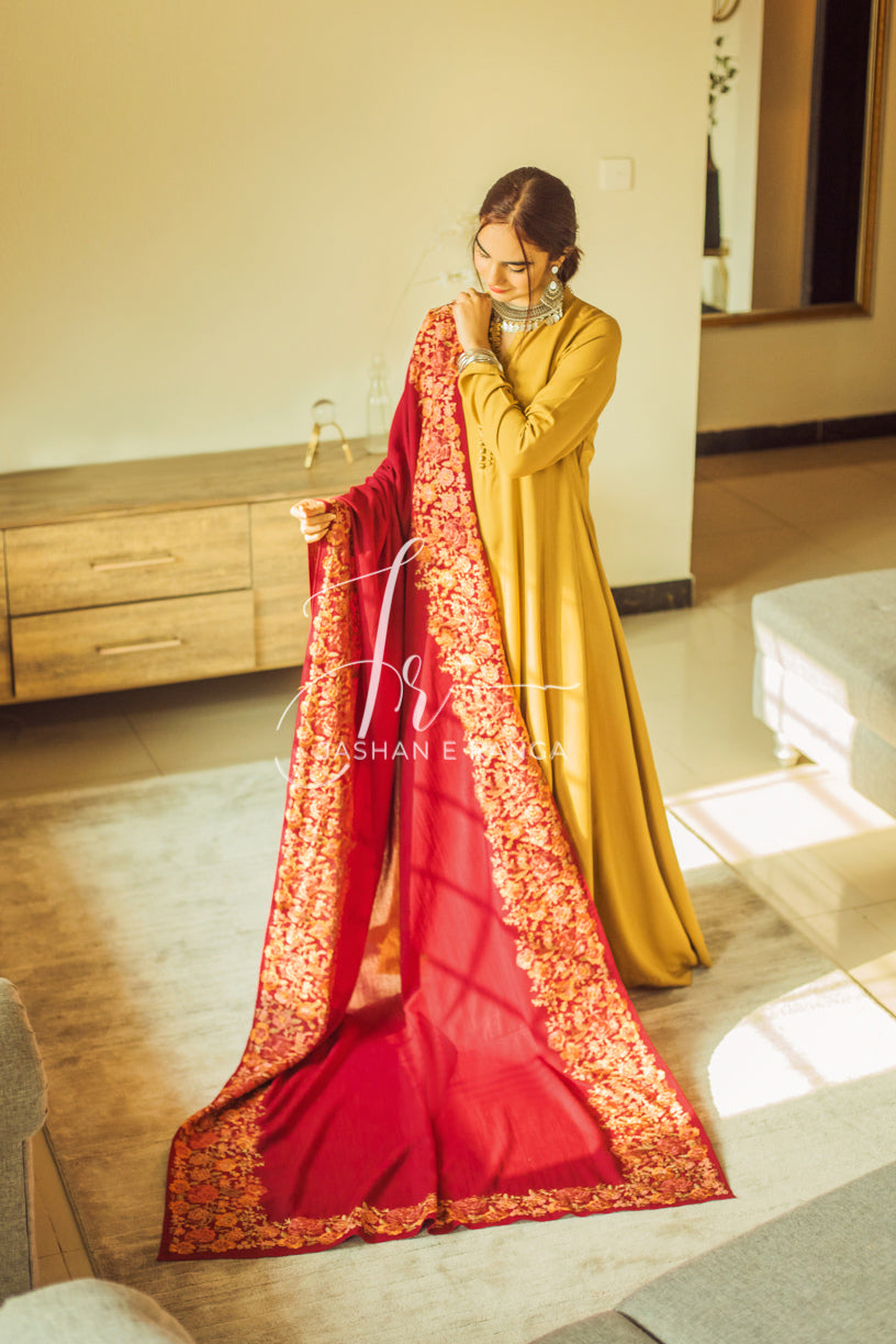 Maroon Floral Border Embroidered Karandi Shawl