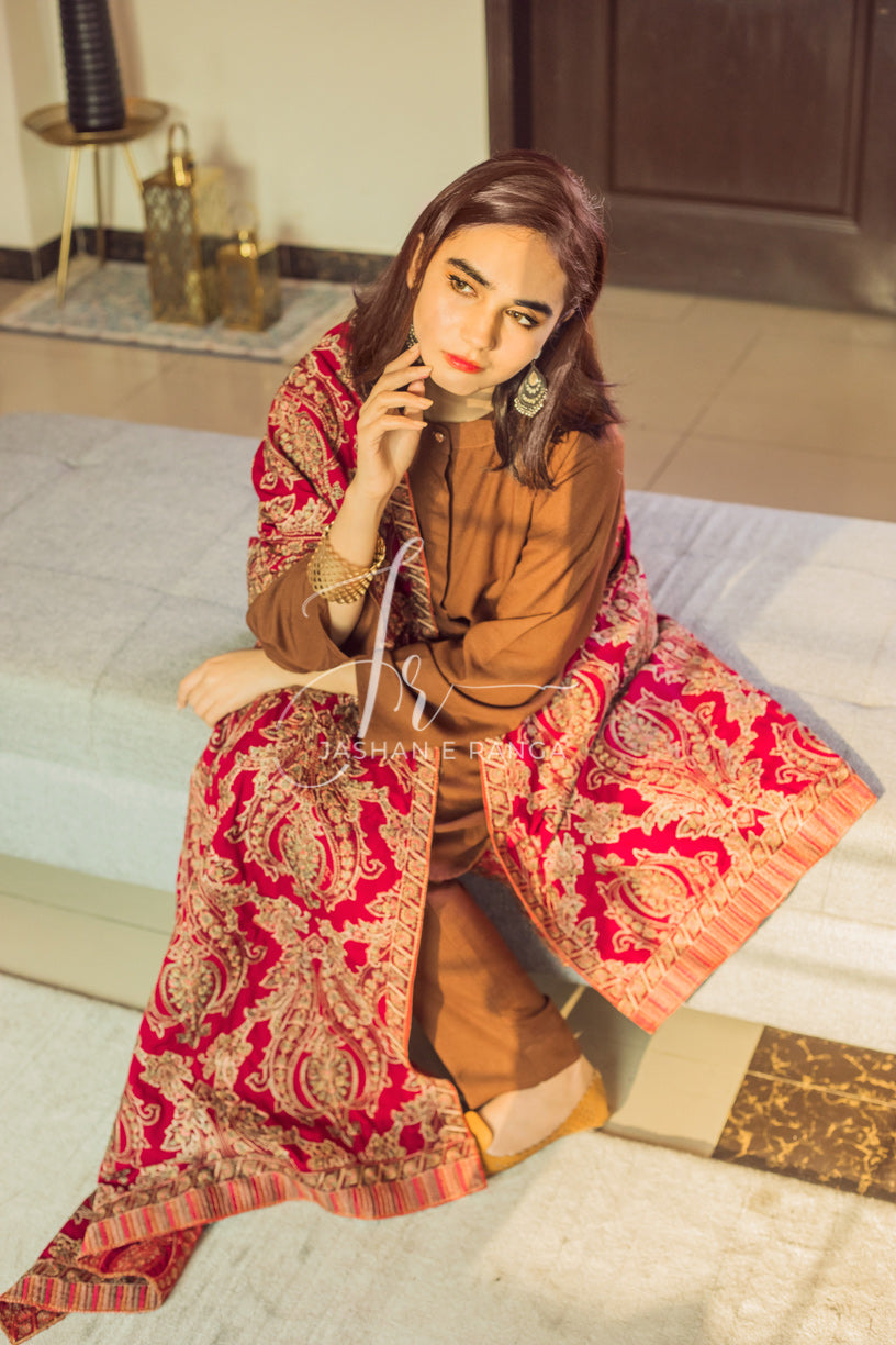Full Embroidered Karandi Shawl Maroon