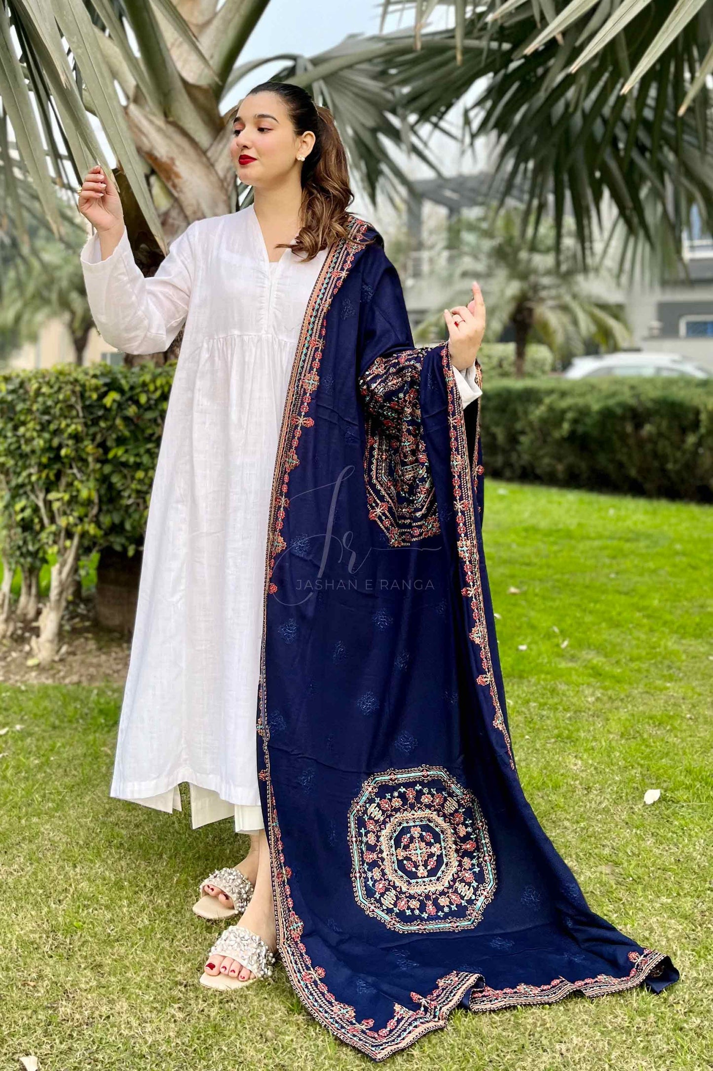 Exquisite Embroidered Blue Karandi Shawl