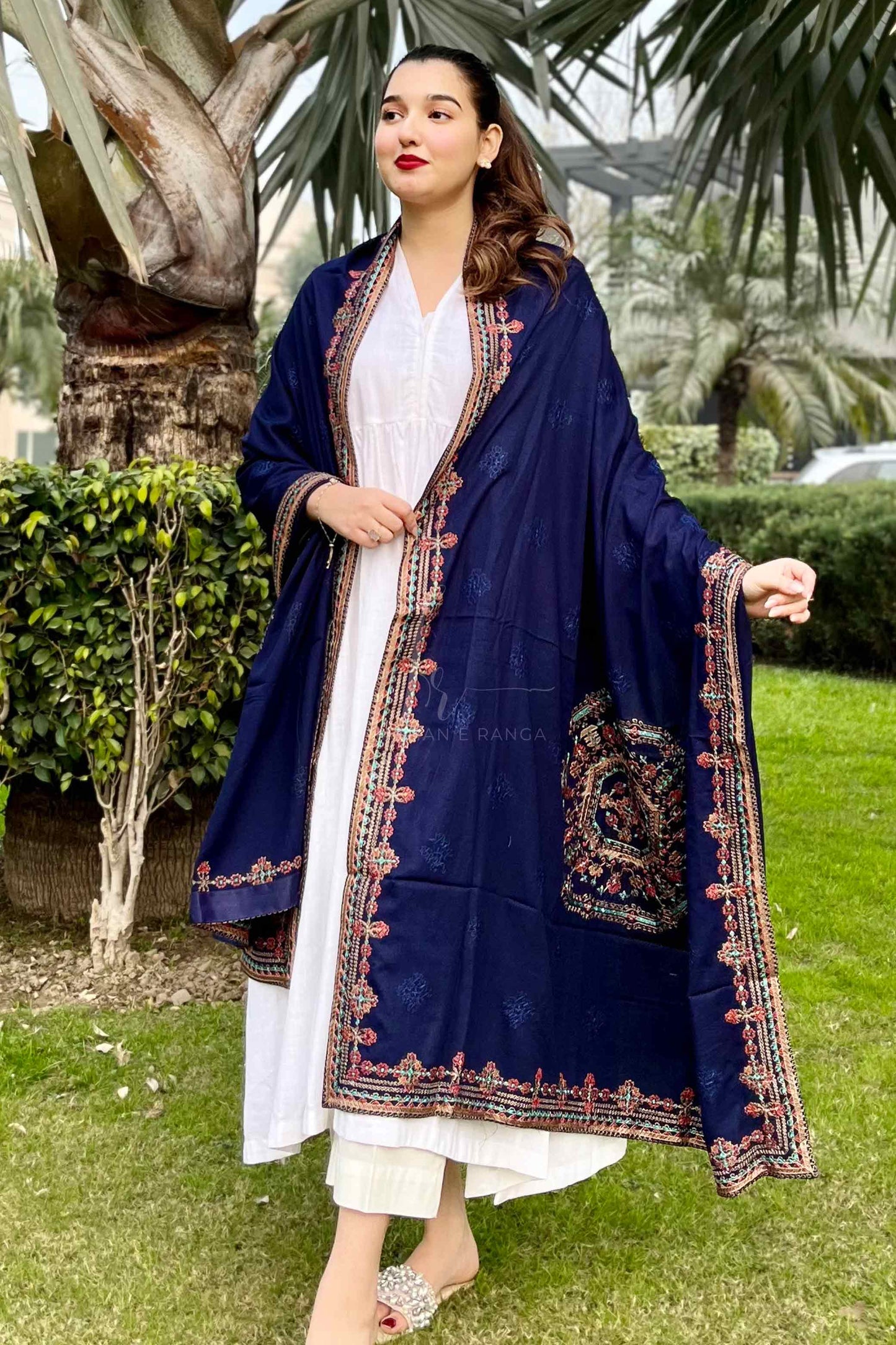 Exquisite Embroidered Blue Karandi Shawl