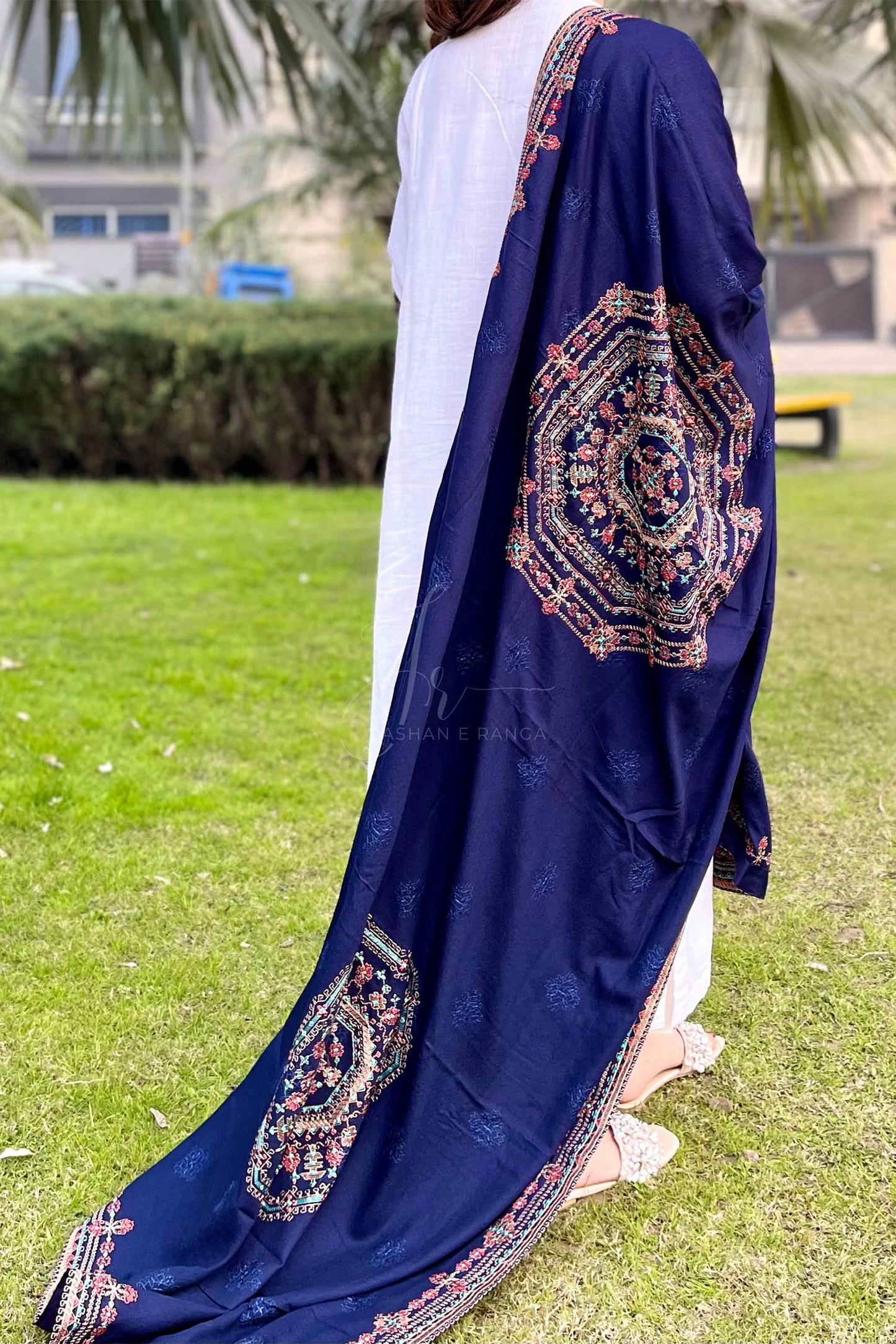 Exquisite Embroidered Blue Karandi Shawl