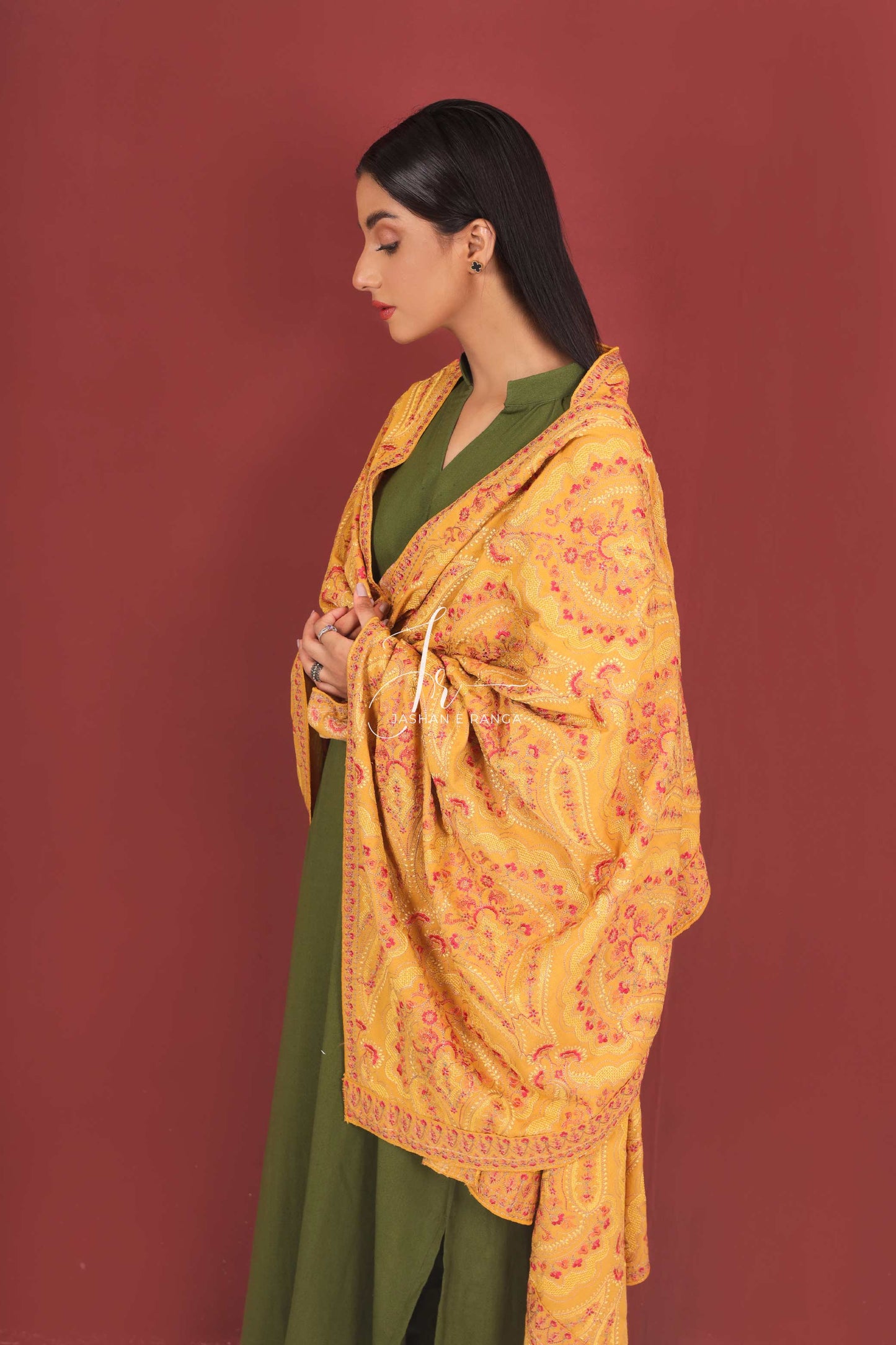Karandi Full Embroidered Mustard shawl