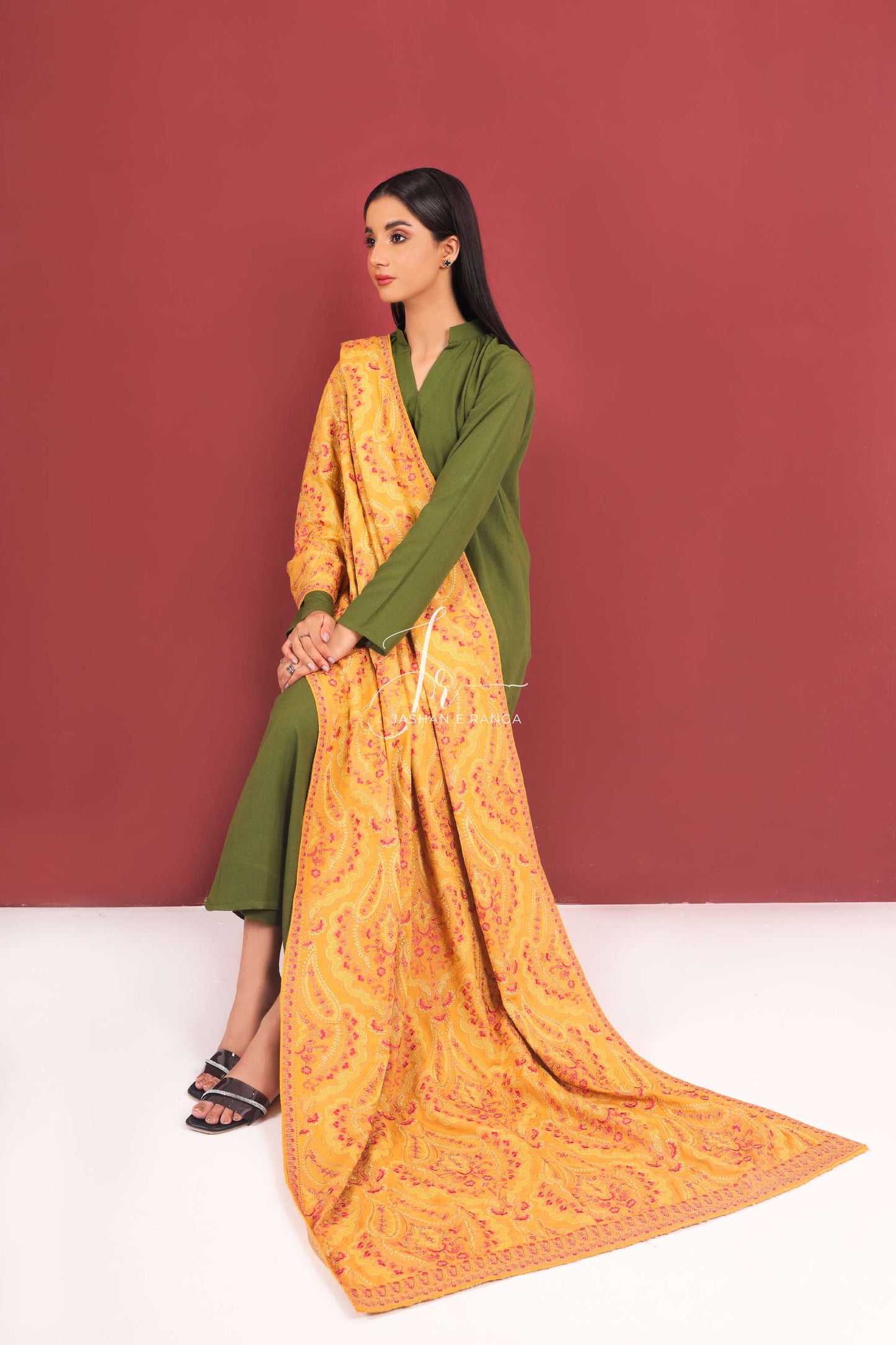 Karandi Full Embroidered Mustard shawl