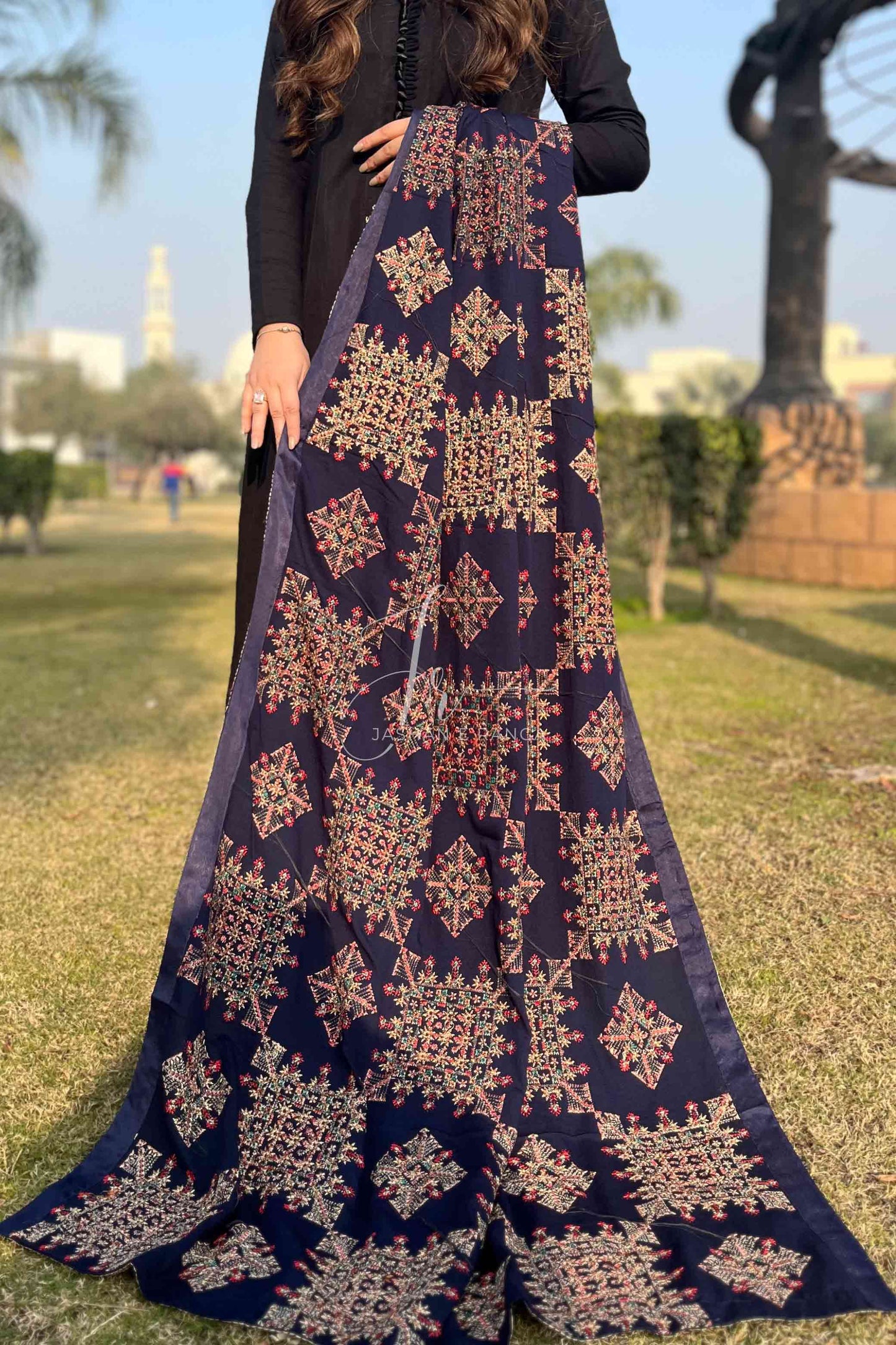 Full Black Karandi Embroidered Shawl