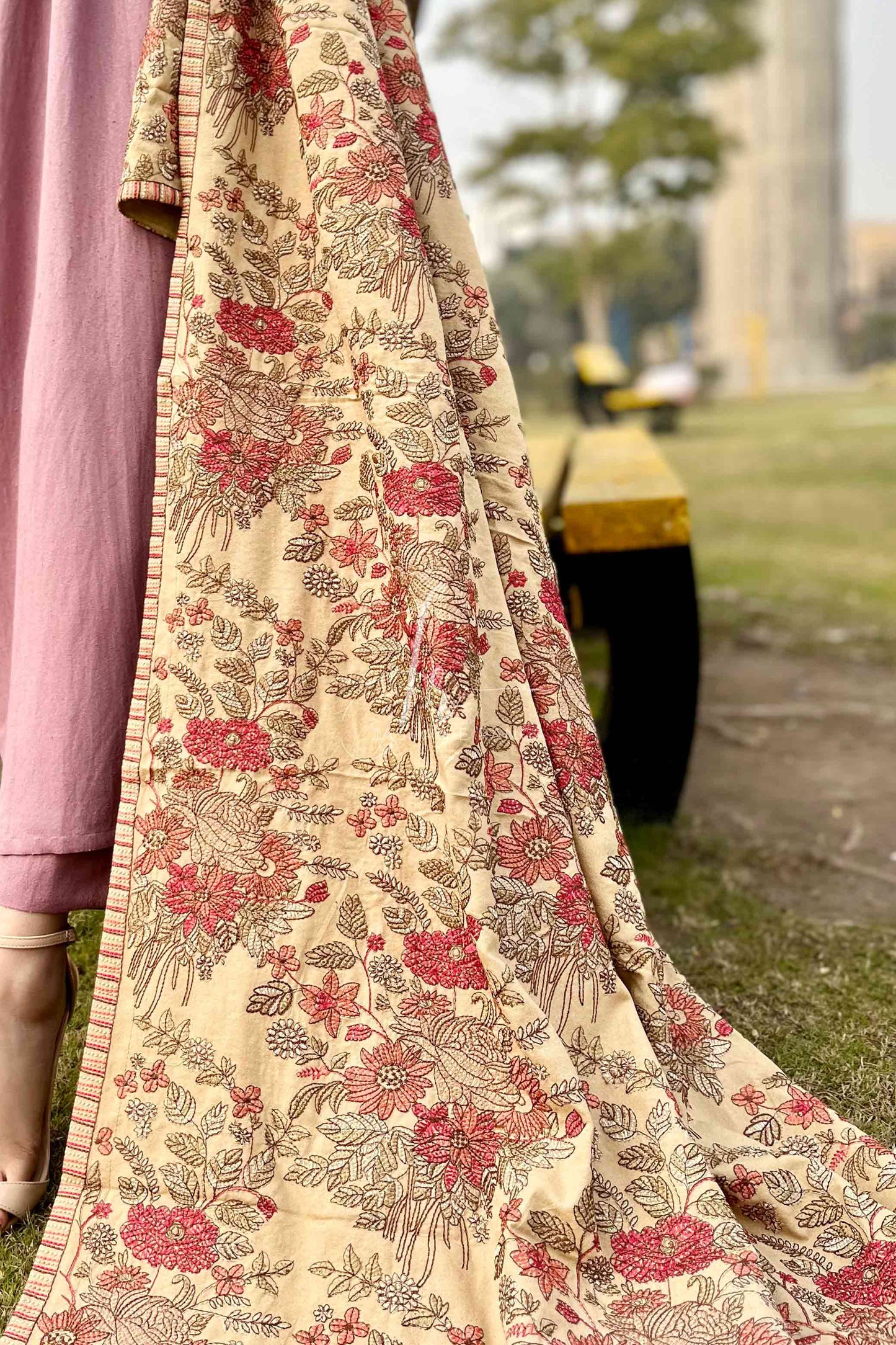 Fully Embroidered Karandi Beige Winter Shawl