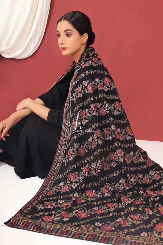 Floral Full Embroidered Karandi Shawl Black