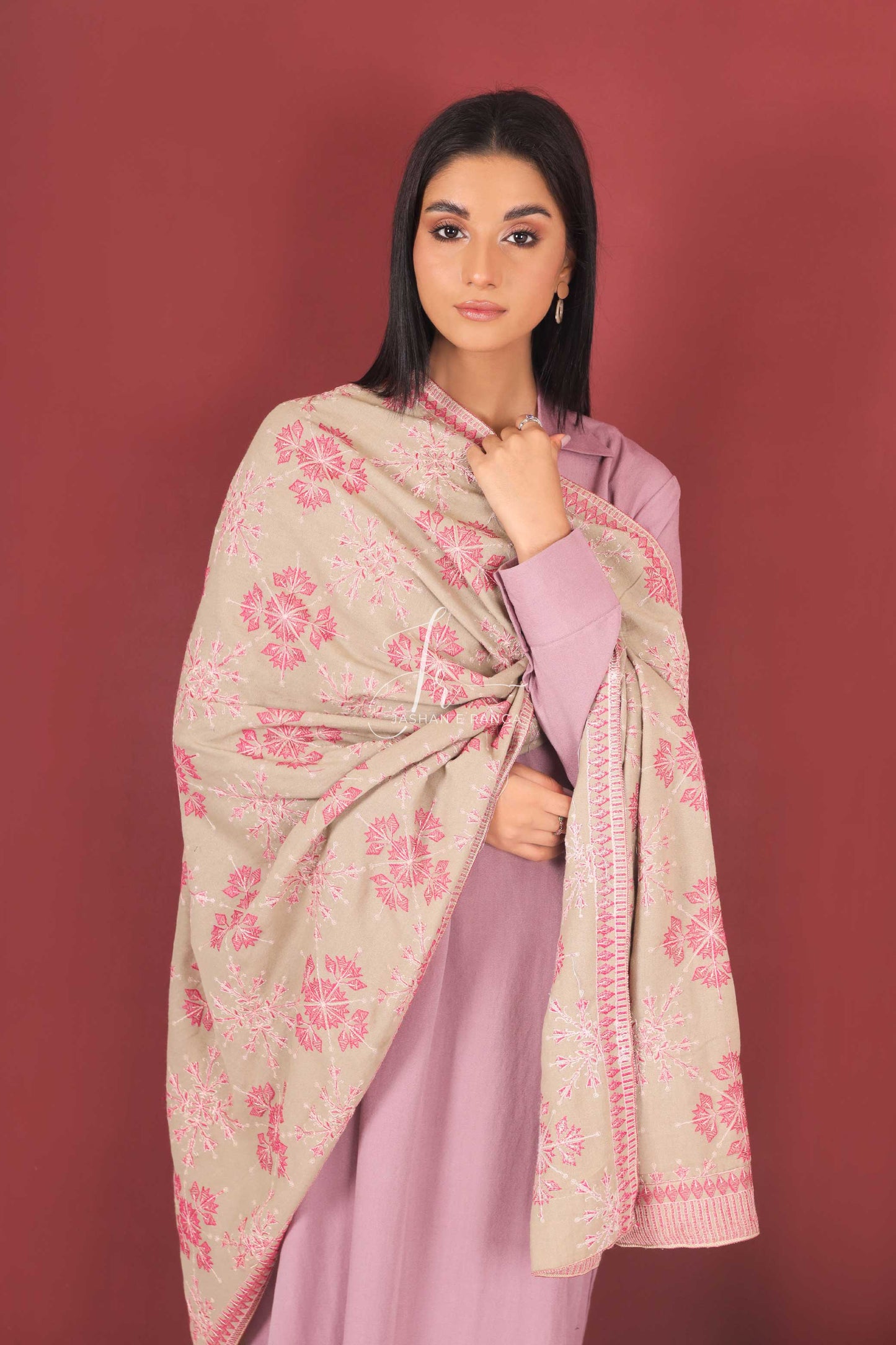 Full Embroidered Karandi Shawl Beige