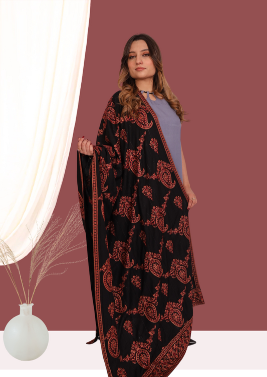 Black Full Embroidered Shawl New