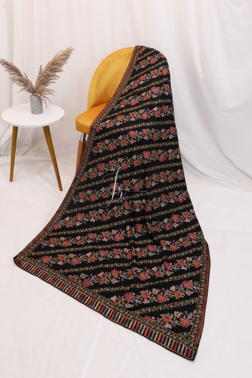Floral Full Embroidered Karandi Shawl Black