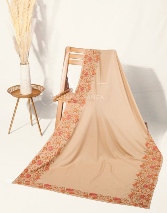 Floral Border Embroidered Shawl Beige