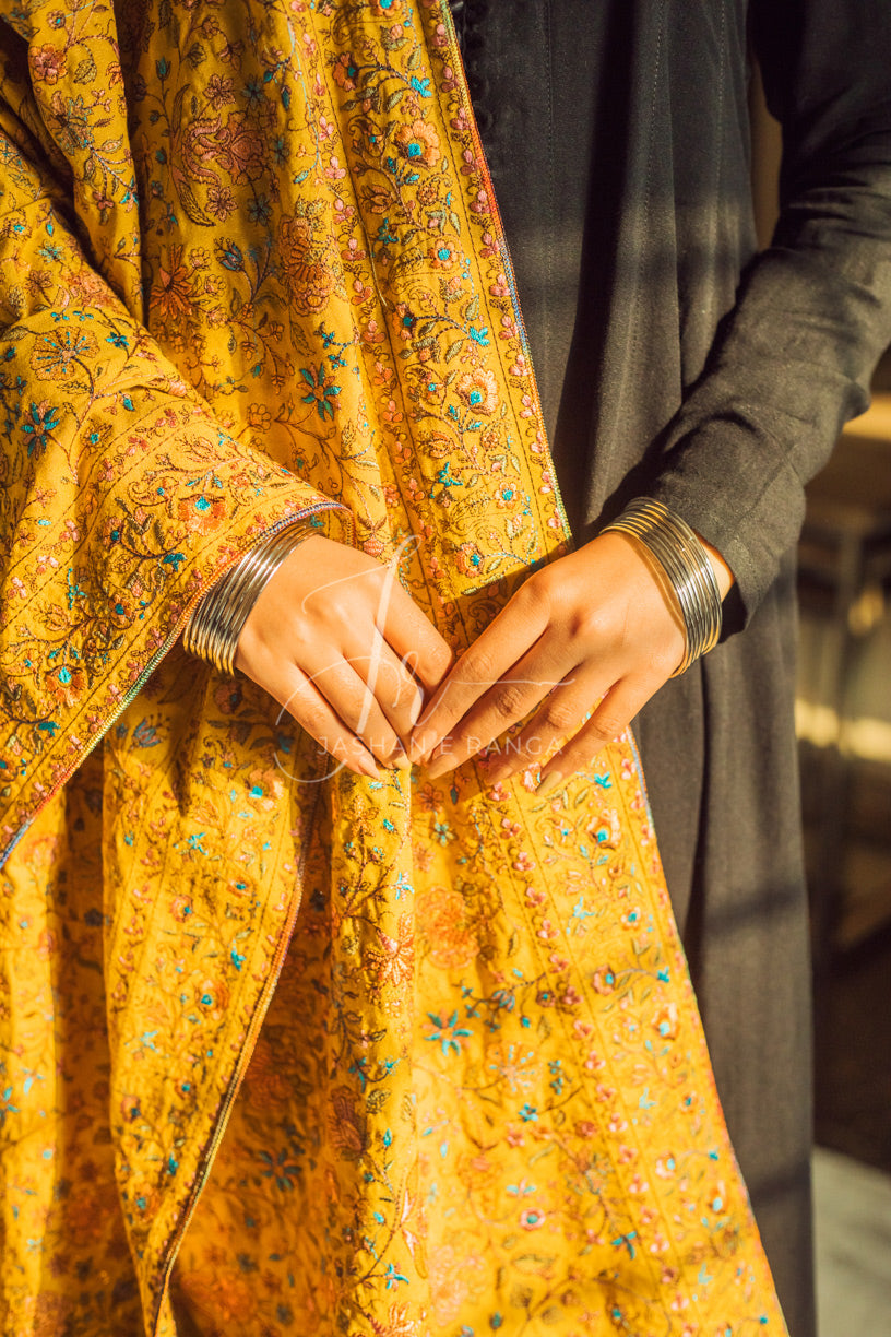 Full Embroidered Karandi Shawl Mustard