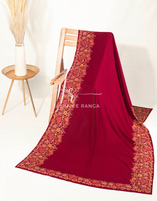 Maroon Floral Border Embroidered Karandi Shawl